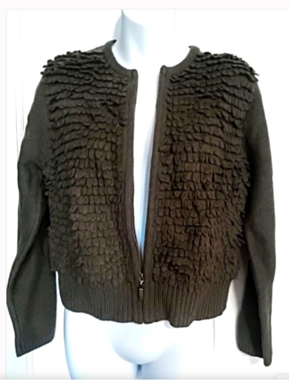 Worth Olive Green Textured Zip Cardigan